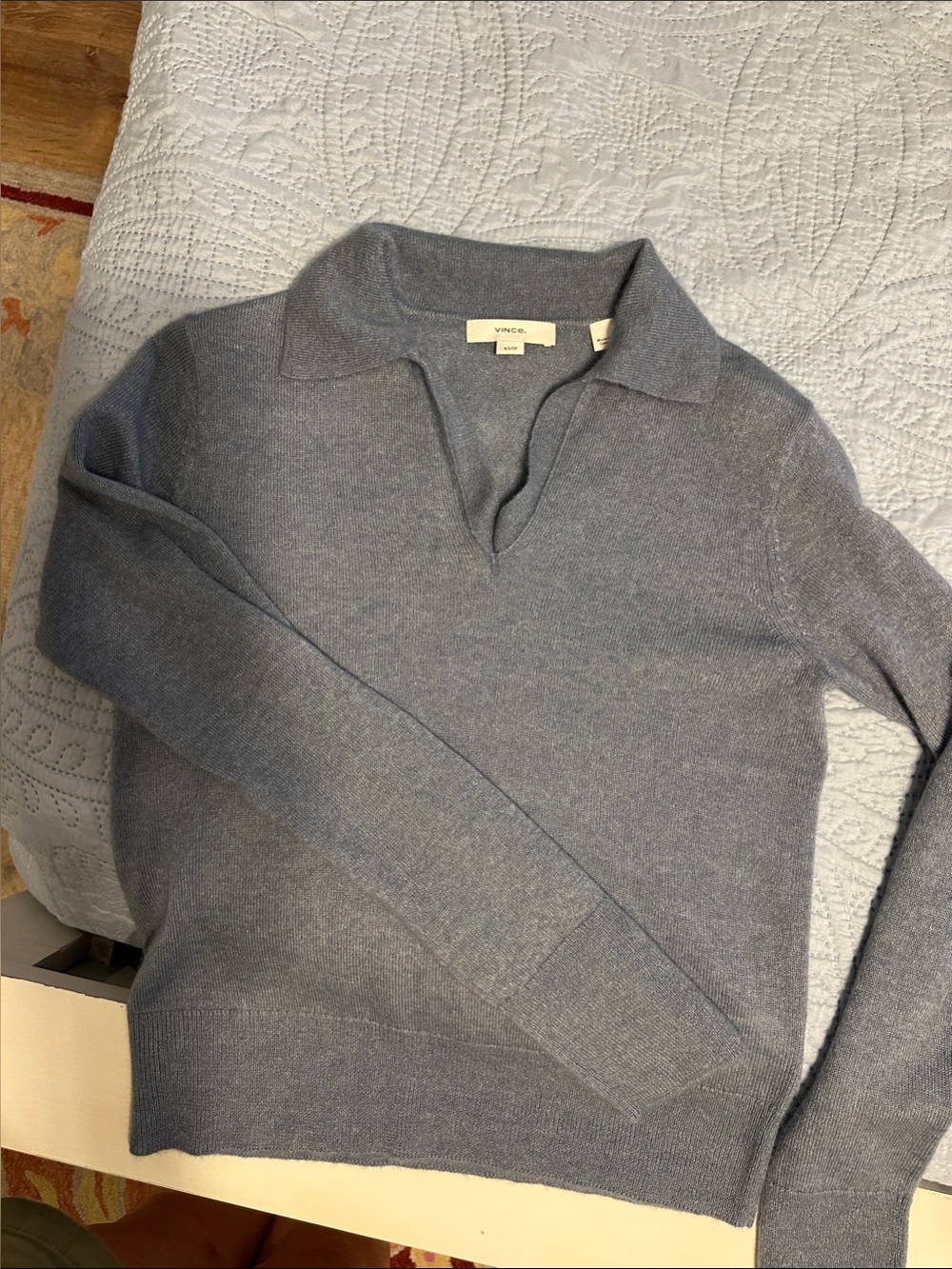 Vince Ladles Heather Slate Blue Collared V-Neck Sweater
